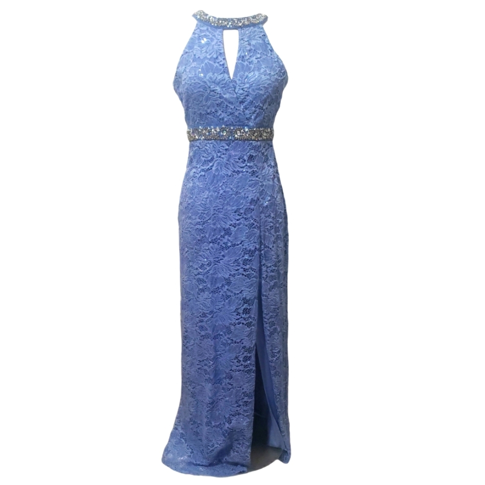 Lace Beaded Halter Style Sequined Prom Dress High Leg Slit Size M